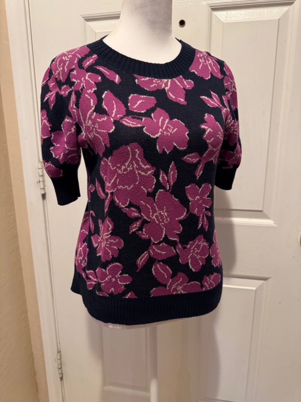 Ann Taylor Factory Navy Sweater with Magenta Floral Jacquard
